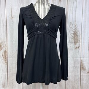 Ann Taylor Loft Top Sequin-Embellished V-Neck Long Sleeve Tie Back Black Small